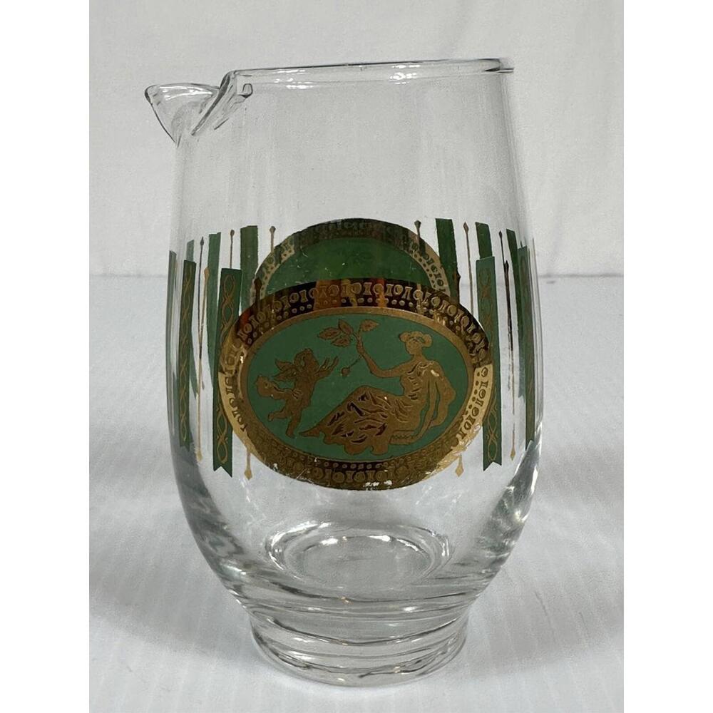 VTG Cera Cora Cocktail Pitcher MCM Greek Woman Cherub Design Green Gold Barware